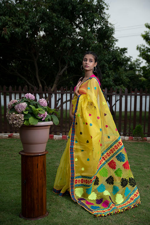 Yellow floral Nooni Silk Saree