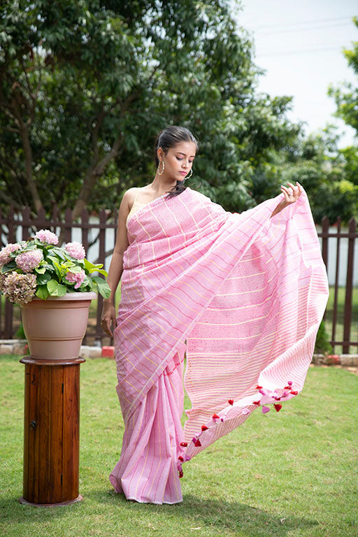 Masrize cotton Katha saree blush pink