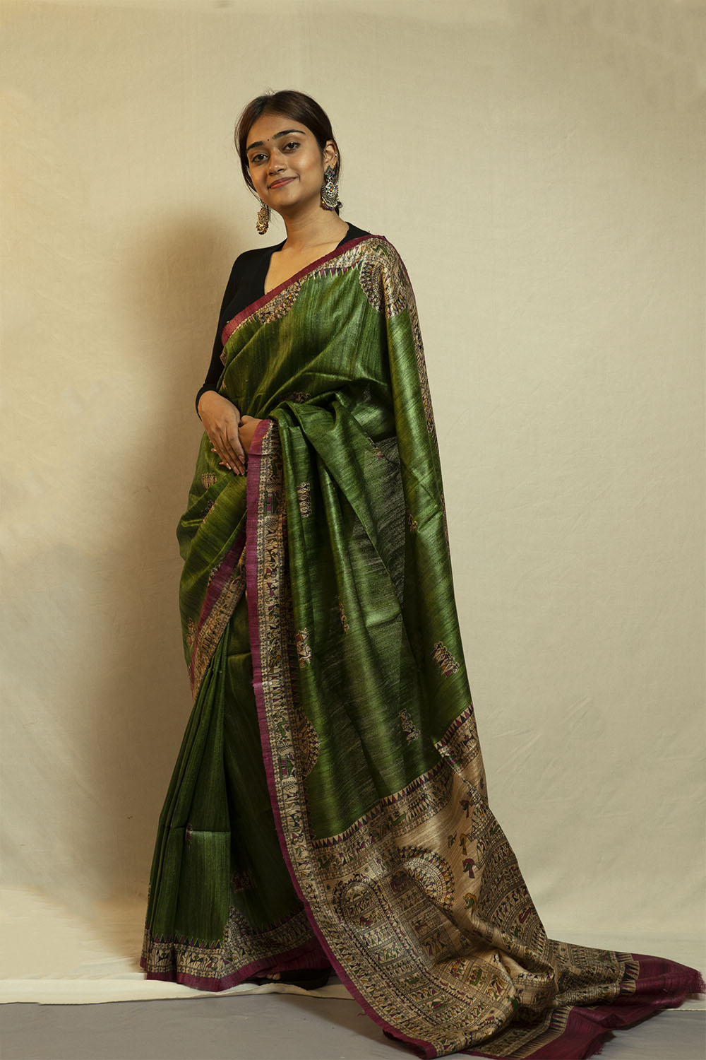 Warli print Olive GreenGhicha Silk