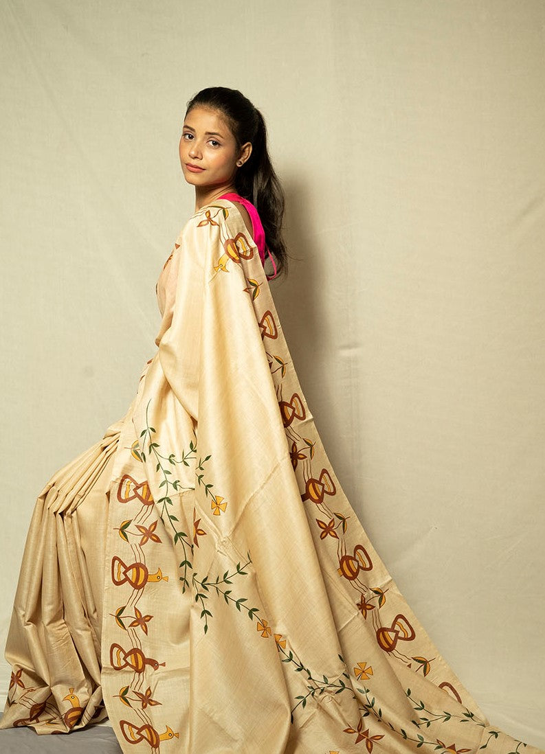 Hand Painted Muga Saree(Beige)