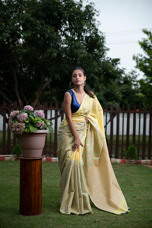 Masrize Cotton Katha saree(yellow)