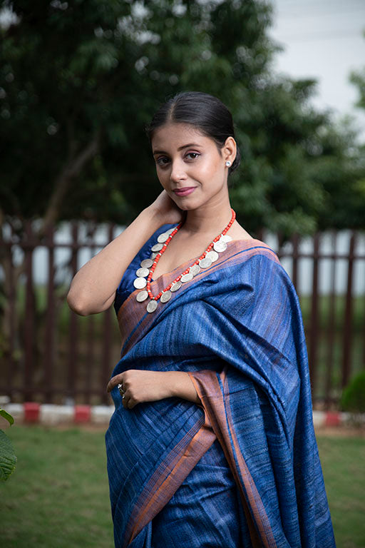 Blue tussar by Ghicha Silk Saree