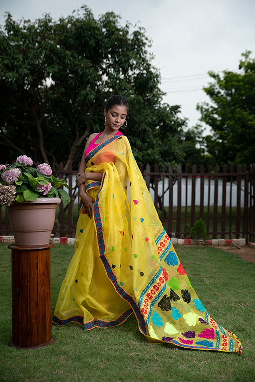 Yellow floral Nooni Silk Saree