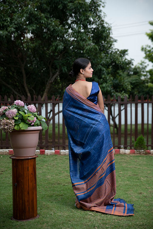 Blue tussar by Ghicha Silk Saree