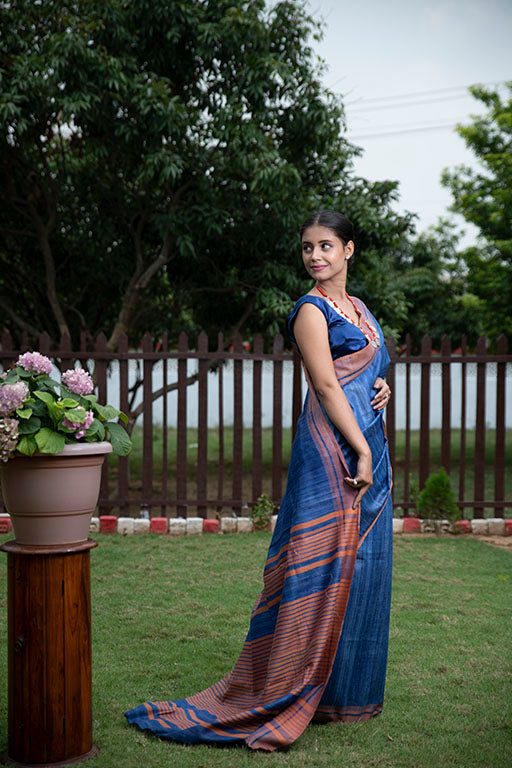 Blue tussar by Ghicha Silk Saree