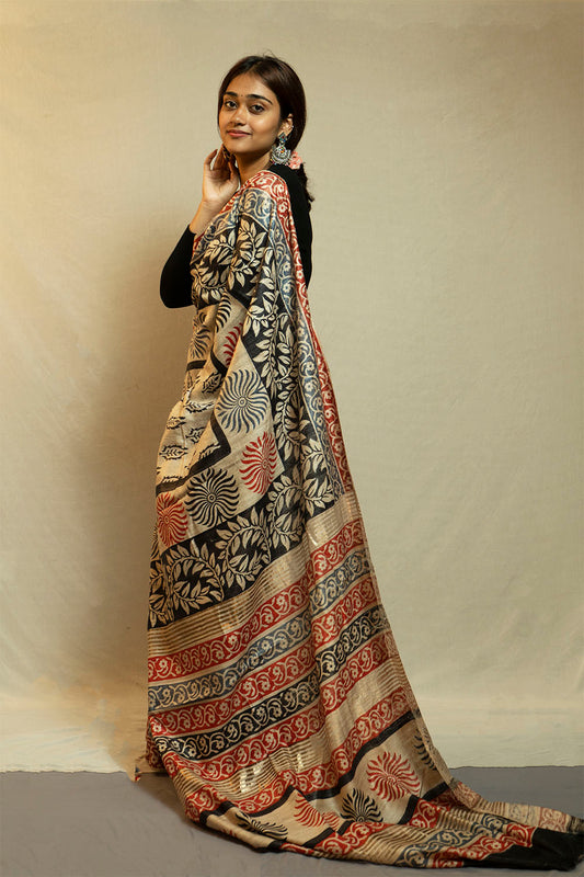Printed Ghicha Saree(Black with red)