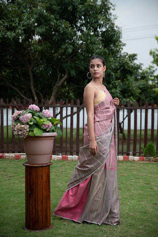 Blush Pink and Gray Katha cotton saree
