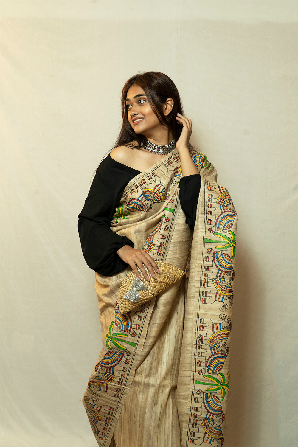 Natural Madhubani Hand Painted Geometrical Pallu Tussar Ghicha Silk Saree |  Peepal Clothing