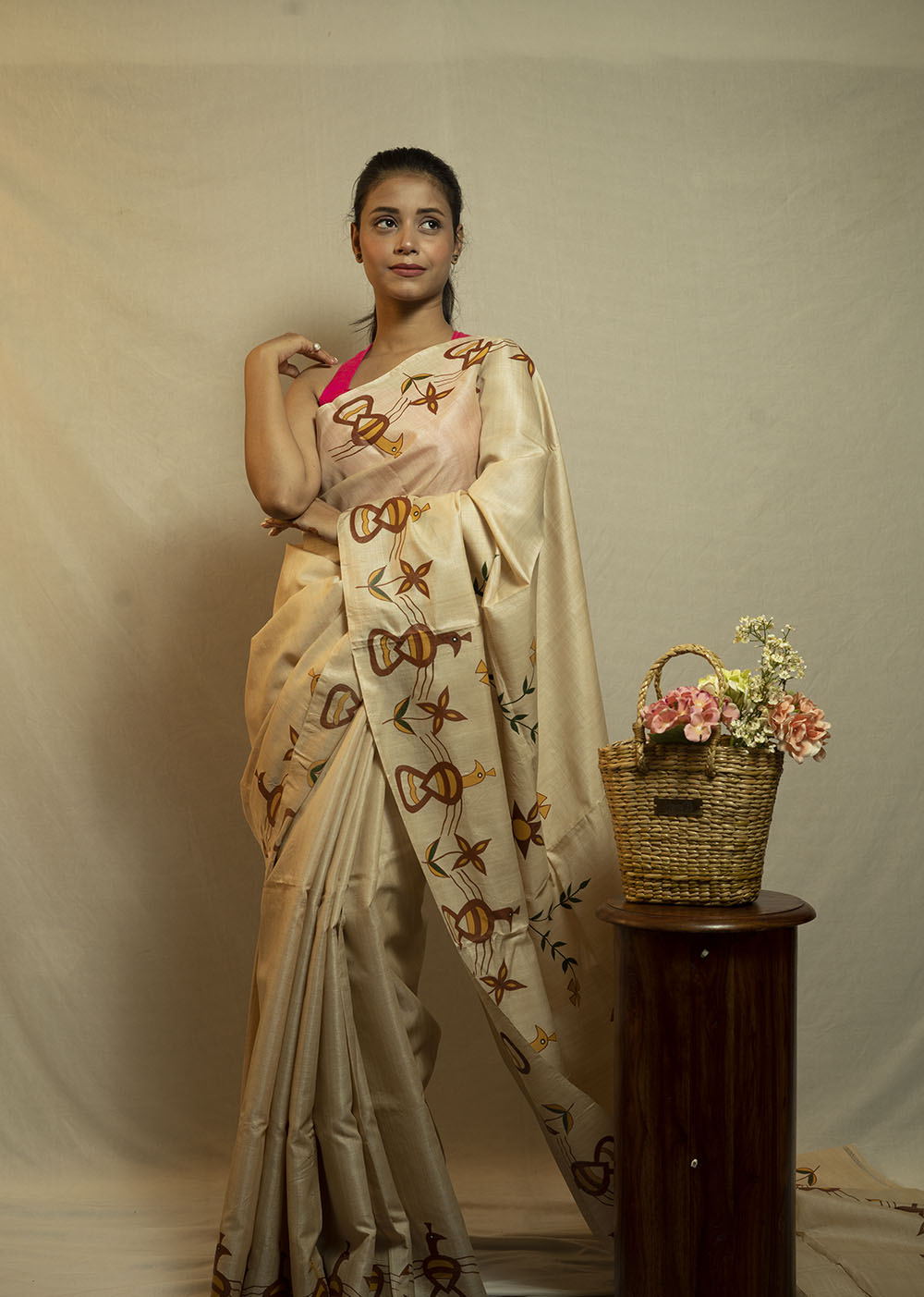 Hand Painted Muga Saree(Beige)