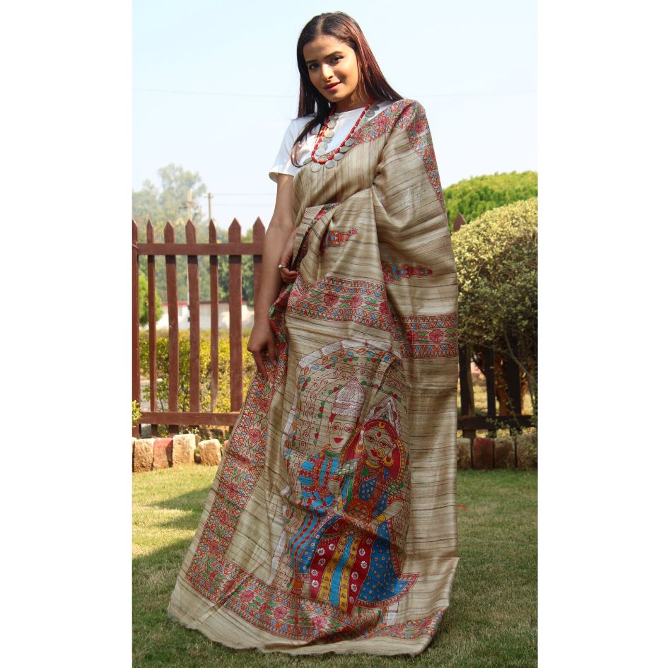 Natural Colour Ghicha saree with madhubani hand paint