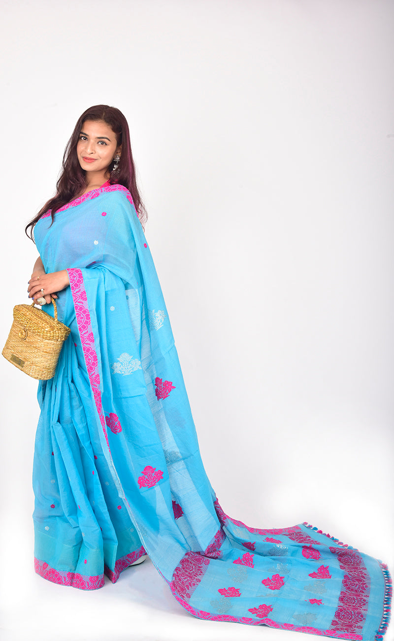 Assam Handloom Sky blue Saree with Pink motif