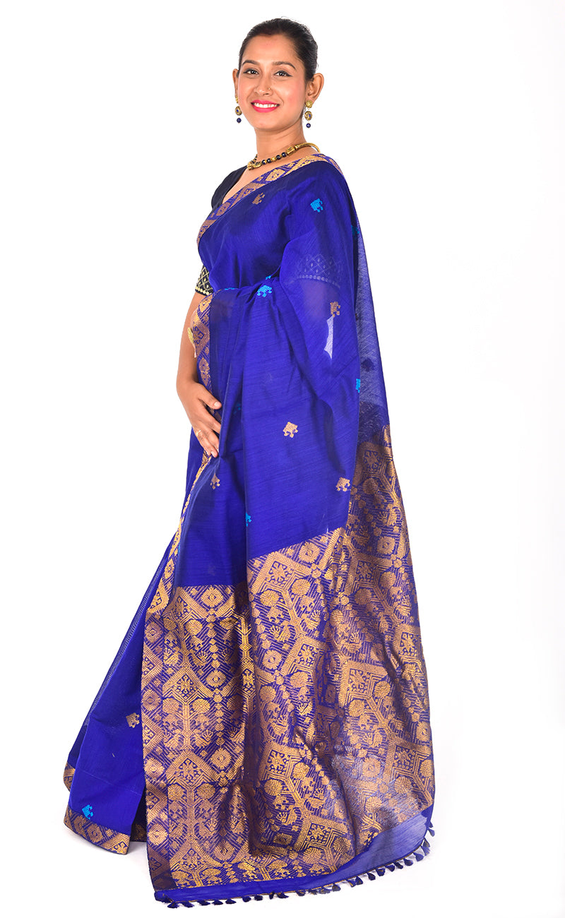 Assam Handloom Royal Blue Saree with Golden zari motif