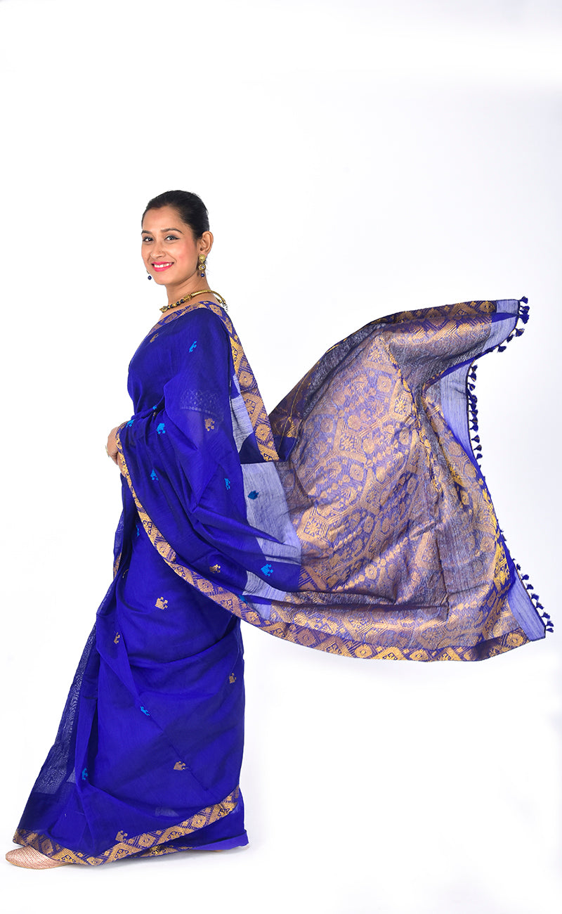 Assam Handloom Royal Blue Saree with Golden zari motif