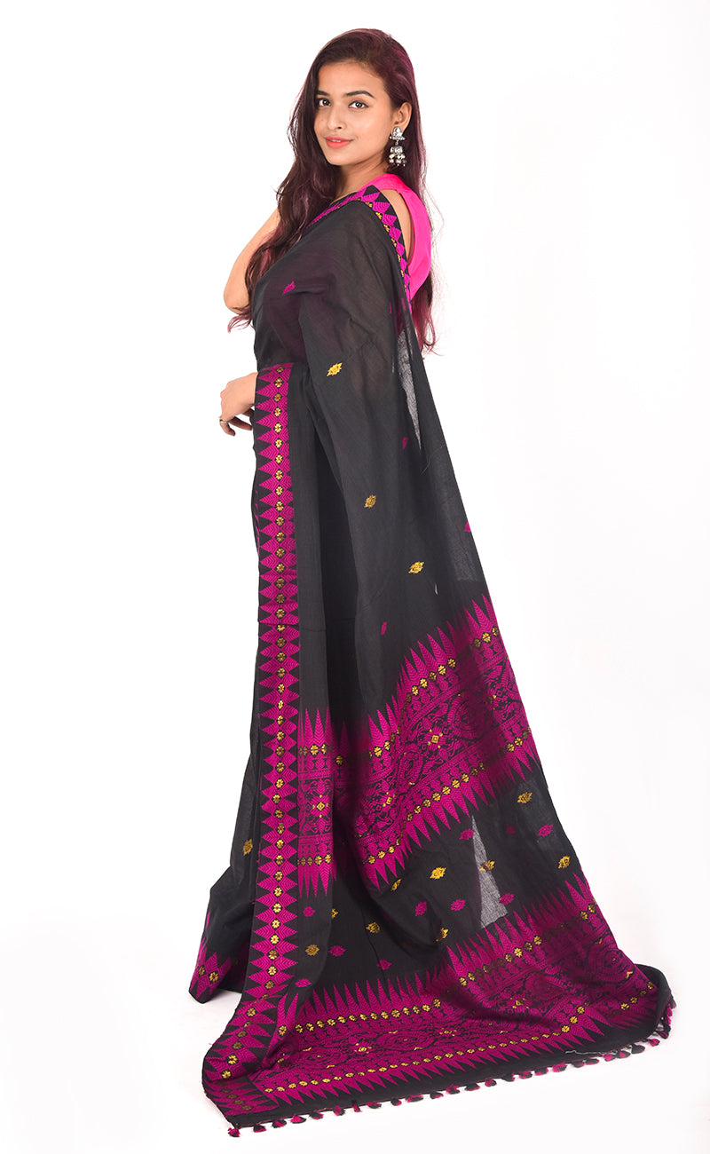 Black handloom saree with pink motif