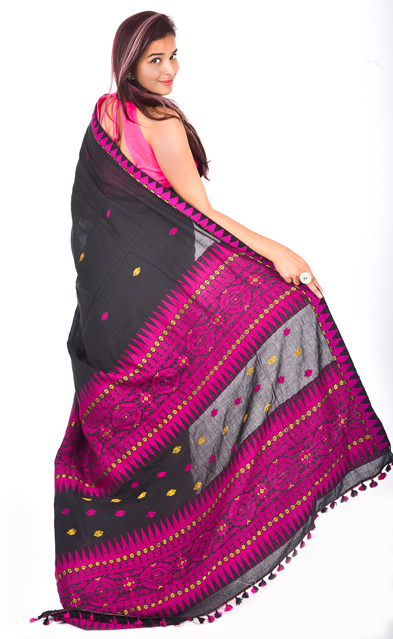 Black handloom saree with pink motif