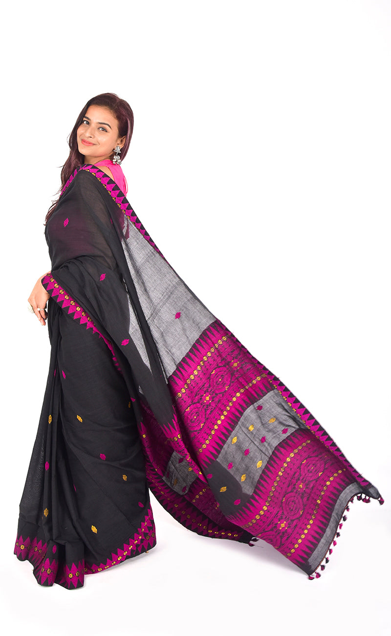 Black handloom saree with pink motif