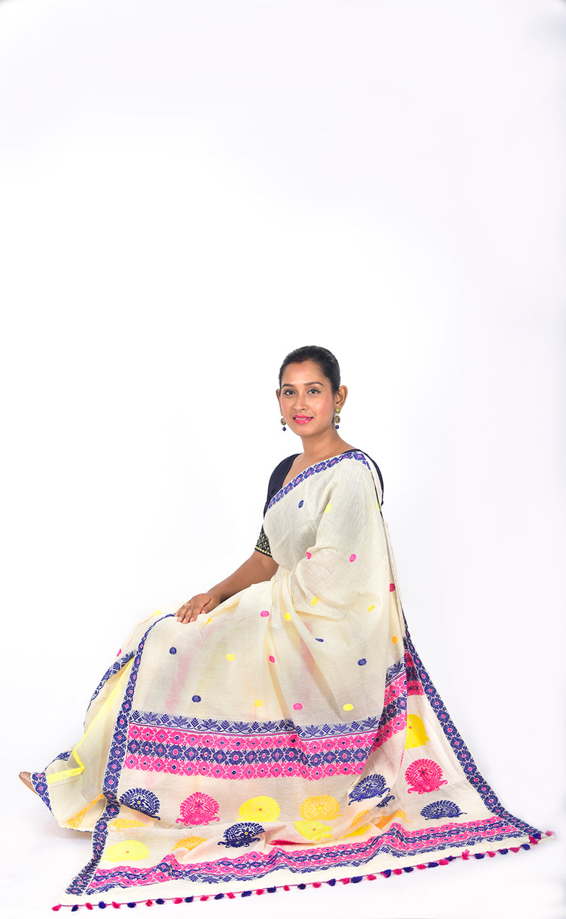 Assam handloom Off white saree