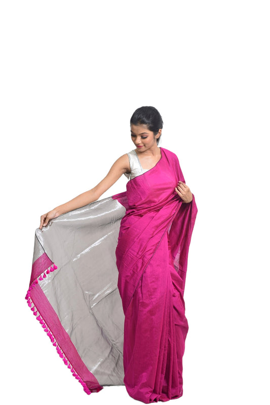 Assam handloom pink saree with silver border