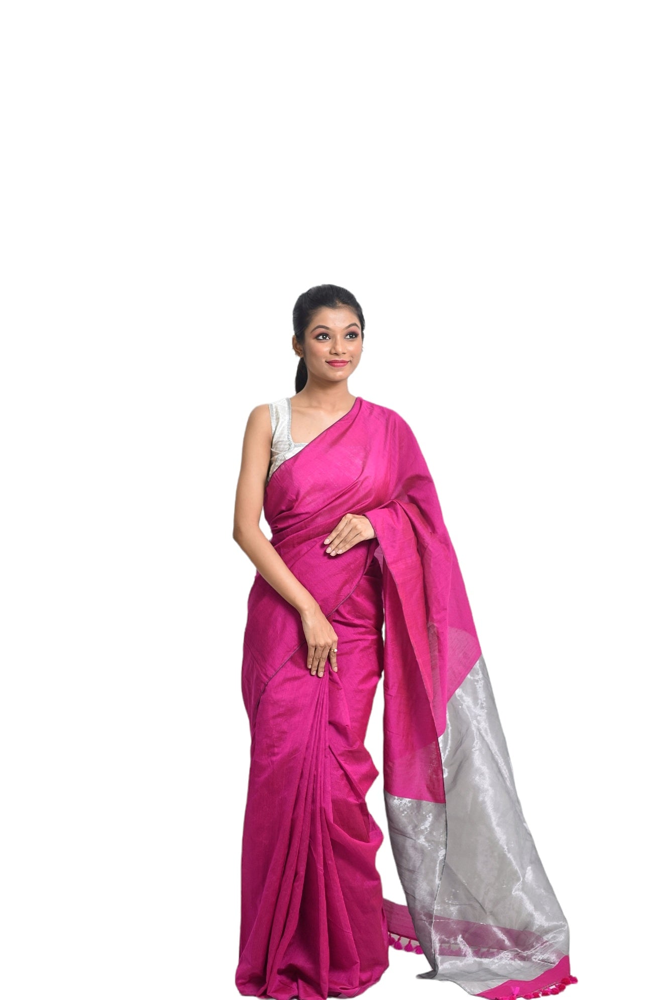 Assam handloom pink saree with silver border