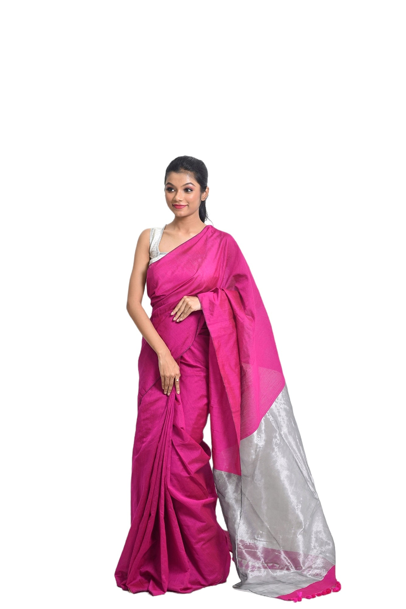 Assam handloom pink saree with silver border