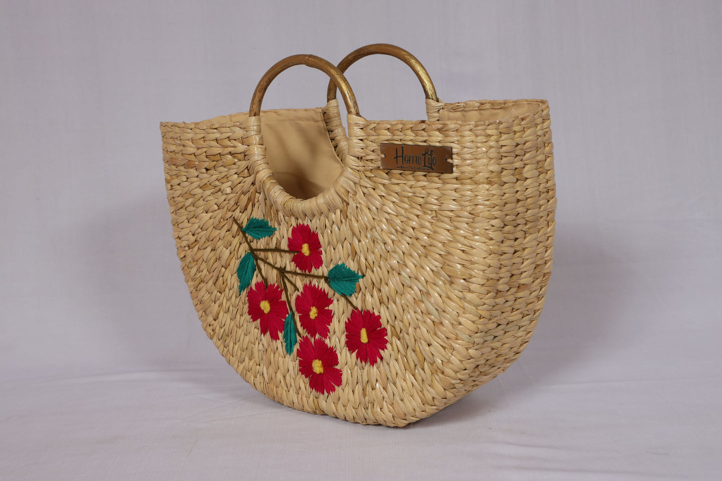 Handwoven U-shaped red floral embroidered Beach Bag