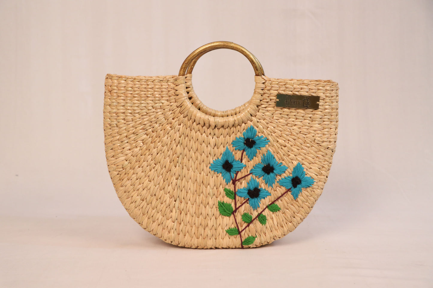 Handwoven U shaped blue floral embroidered Beach Bag