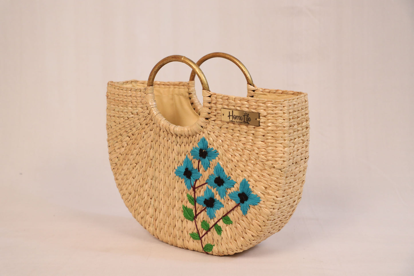 Handwoven U shaped blue floral embroidered Beach Bag