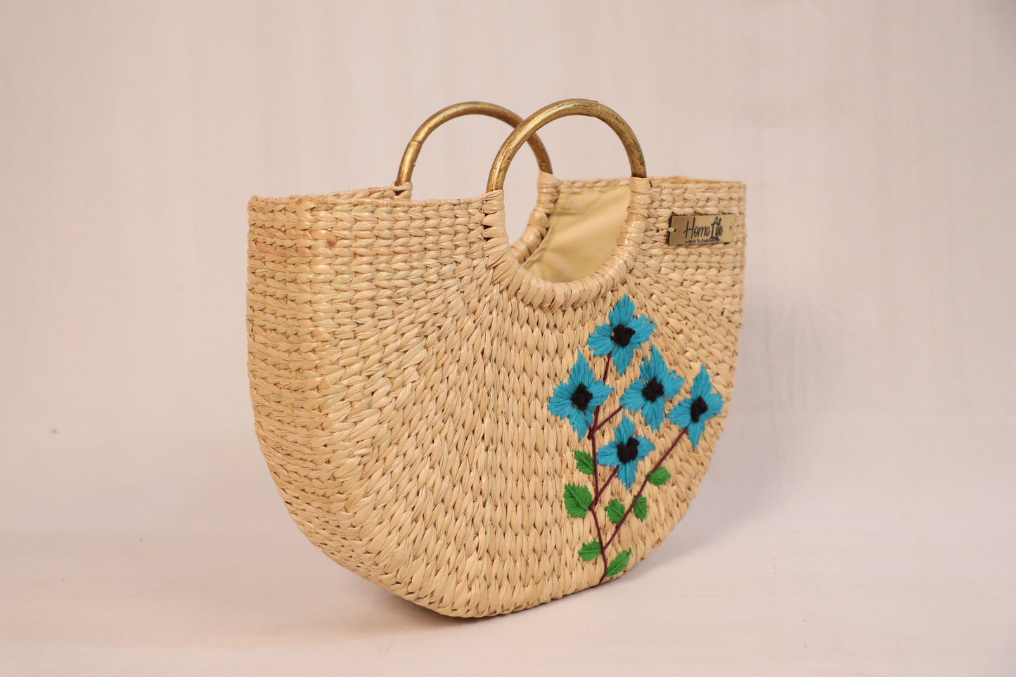 Handwoven U shaped blue floral embroidered Beach Bag