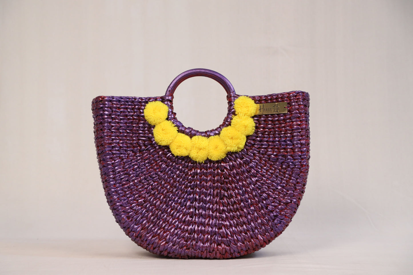 Purple Beach Bag with yellow Pom Pom