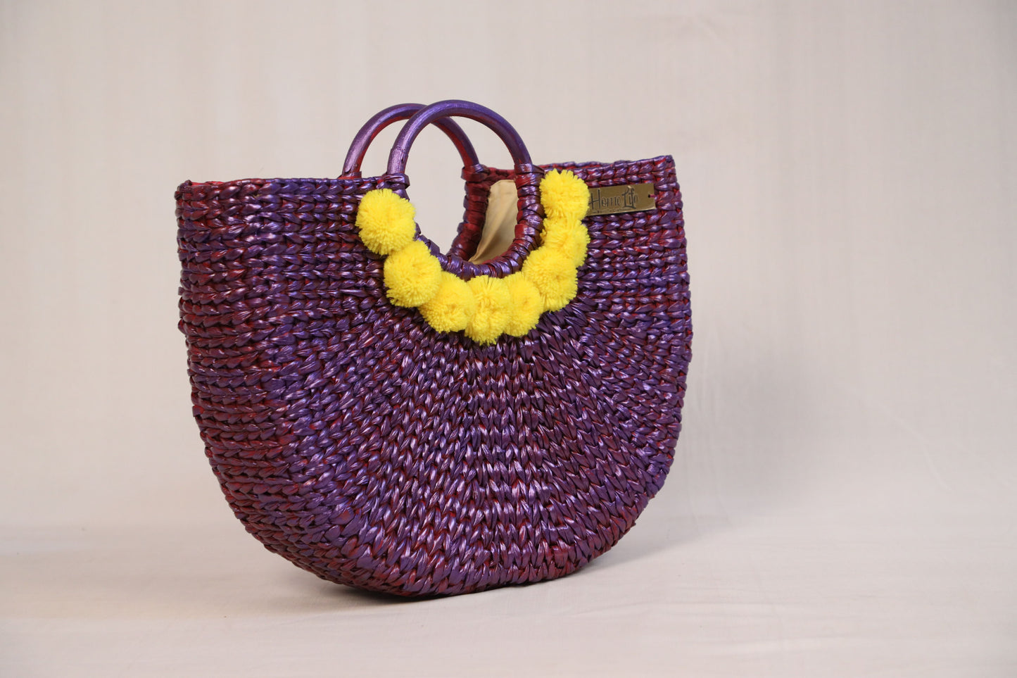 Purple Beach Bag with yellow Pom Pom