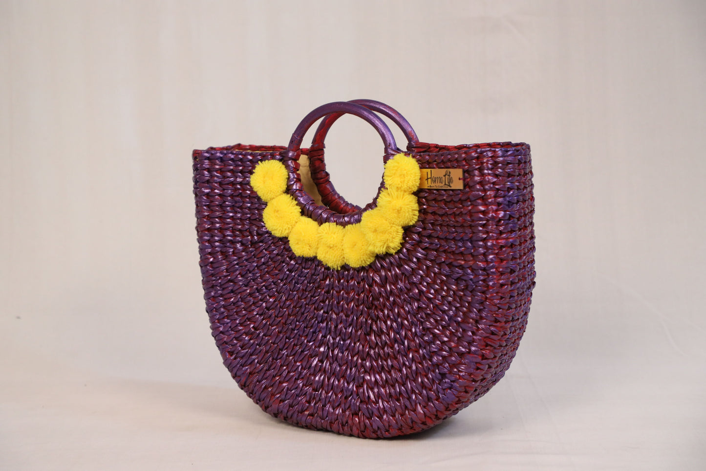 Purple Beach Bag with yellow Pom Pom