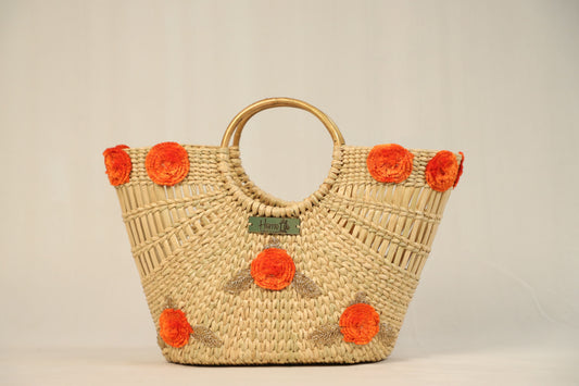 Orange floral handcrafted tote bag