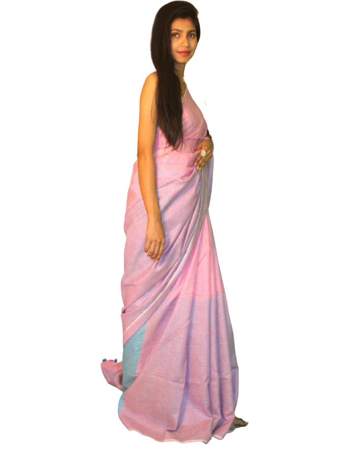 Baby Pink Katha Saree with Blue contrast