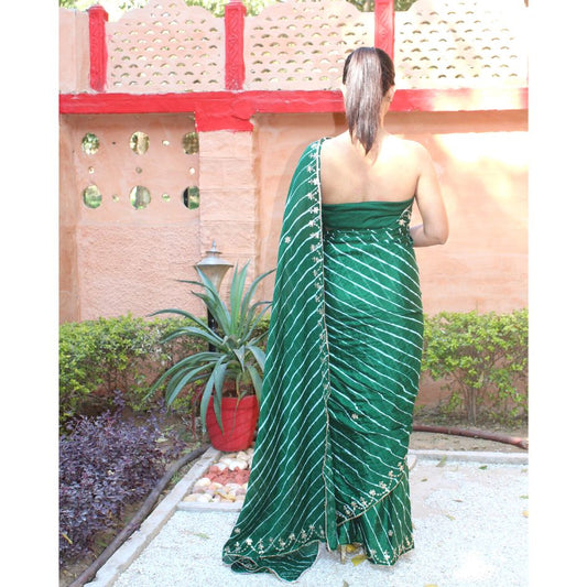 Bhabina Bottle Green Leheriya with pitta work